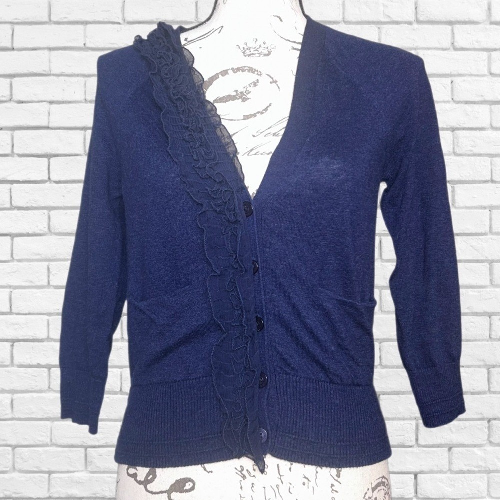 Juicy Couture Navy Blue Ruffle Lace Sheer Script Back Cardigan Sweater Womens S - Picture 2 of 6